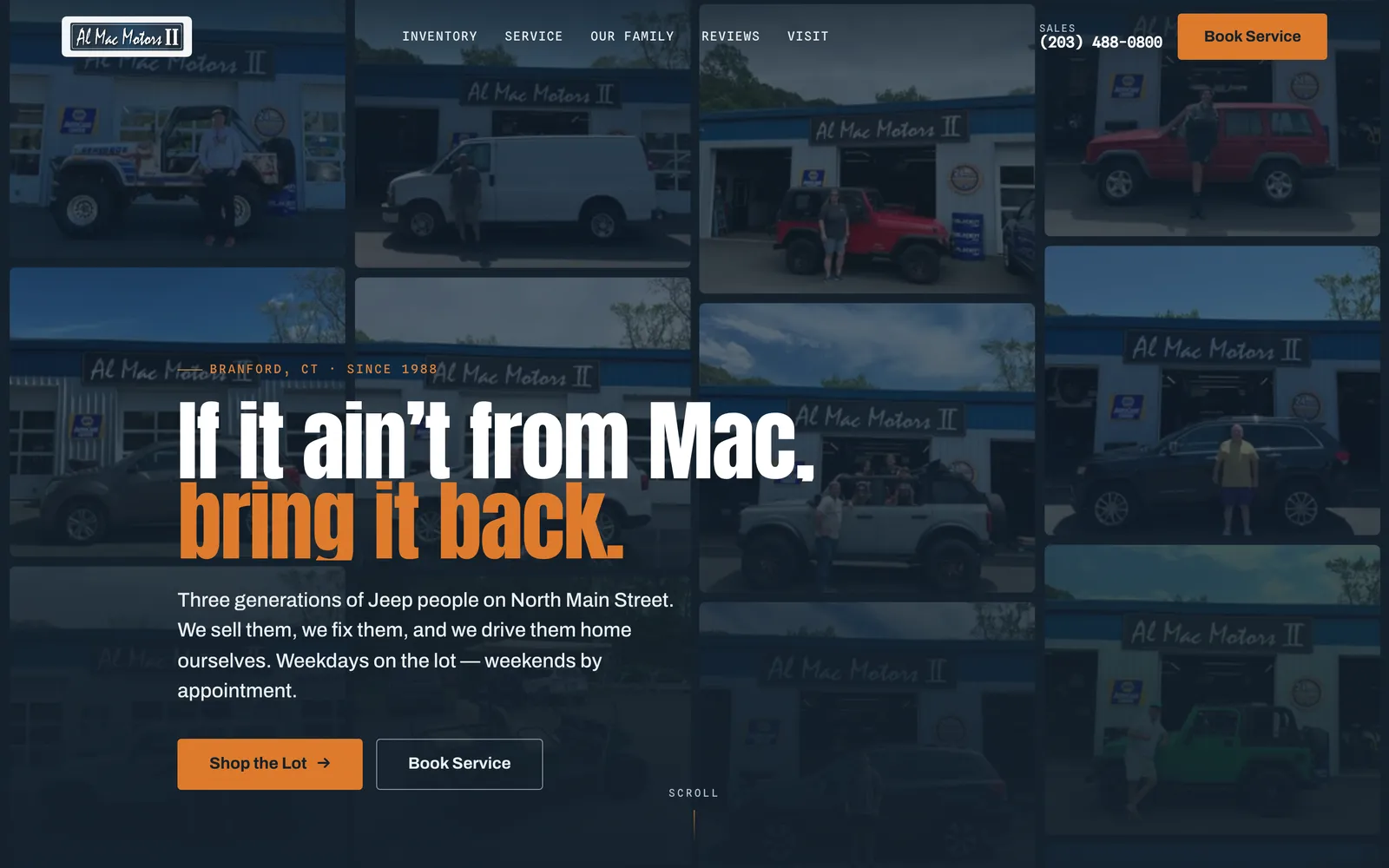 After: a bold custom homepage with an oversized headline over a photo mosaic.