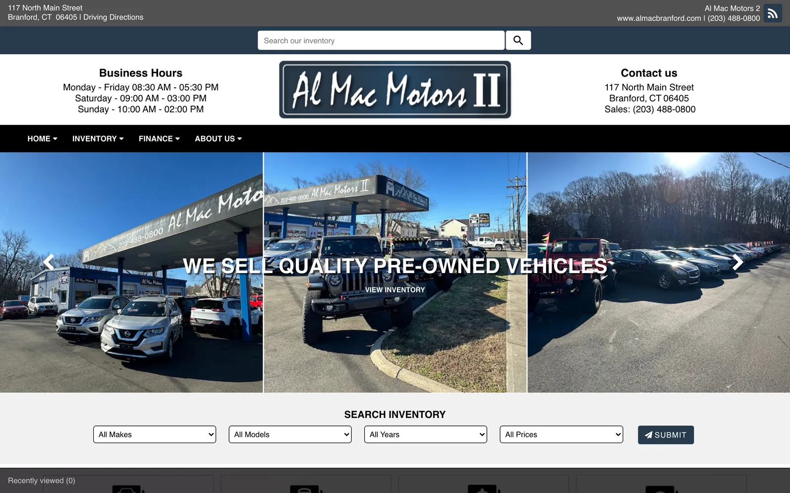Before: a dated dealer-template homepage with a search bar and a photo slider.