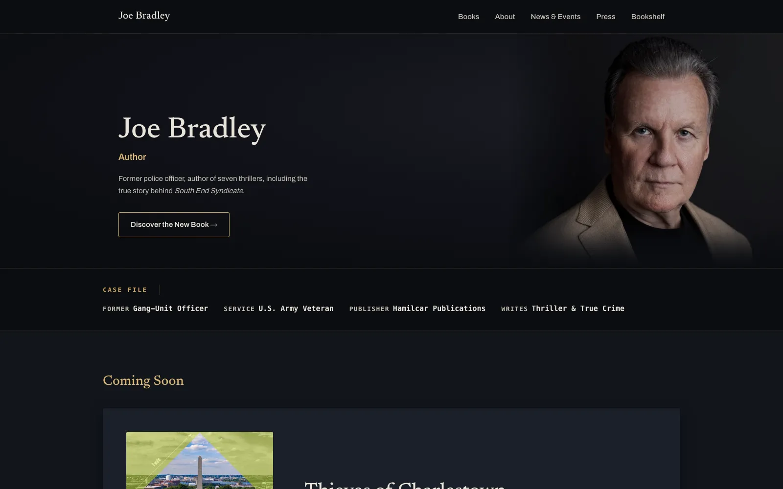 After: a dark editorial author site with a portrait hero and a case-file strip.
